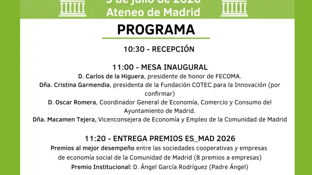 El Ateneo de Madrid acogerá la celebración del Día Internacional de las Cooperativas y la entrega de los Premios ES_MAD 2026 de FECOMA