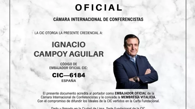 Ignacio Campoy Aguilar recibe la Membresía Vitalicia como Embajador Oficial de la Cámara Internacional de Conferencistas